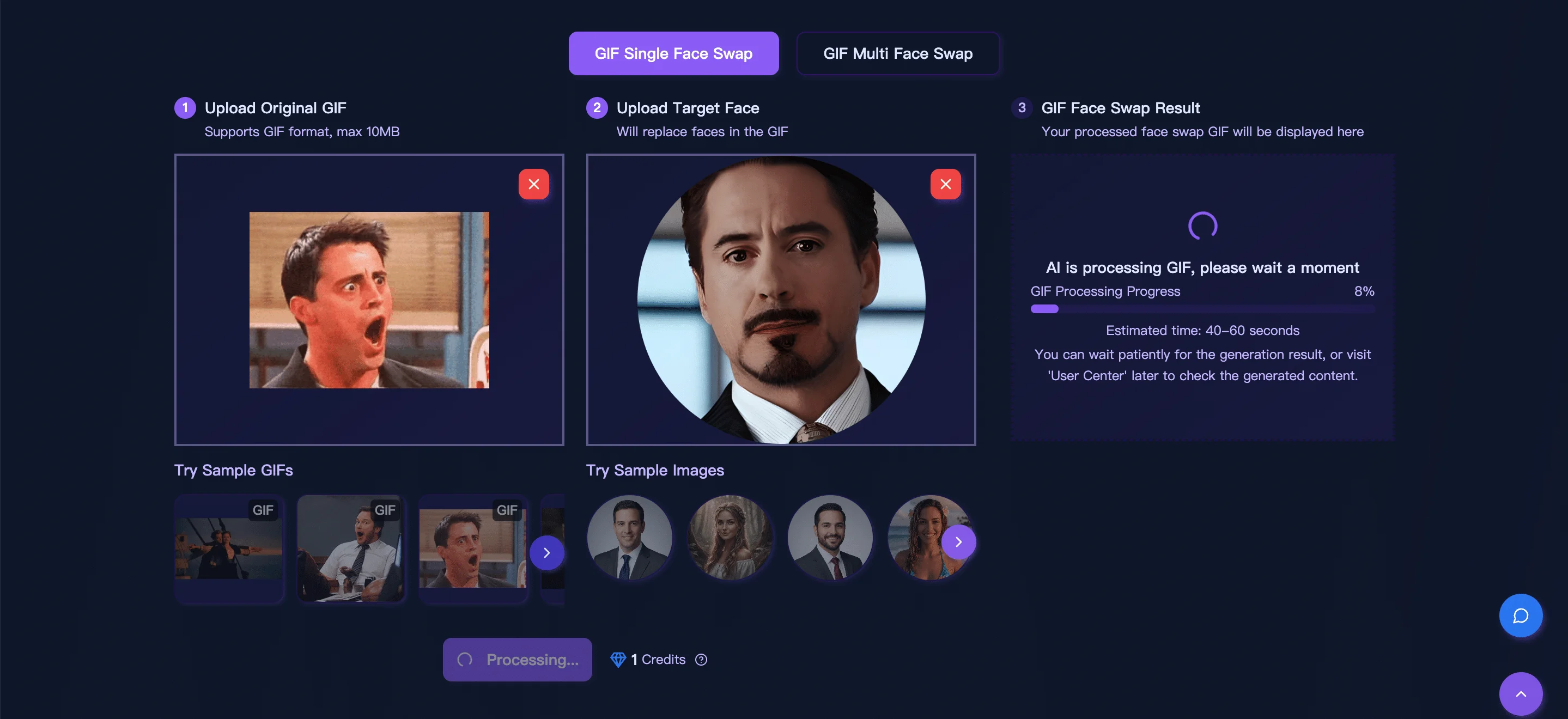 Start GIF Face Swap Processing
