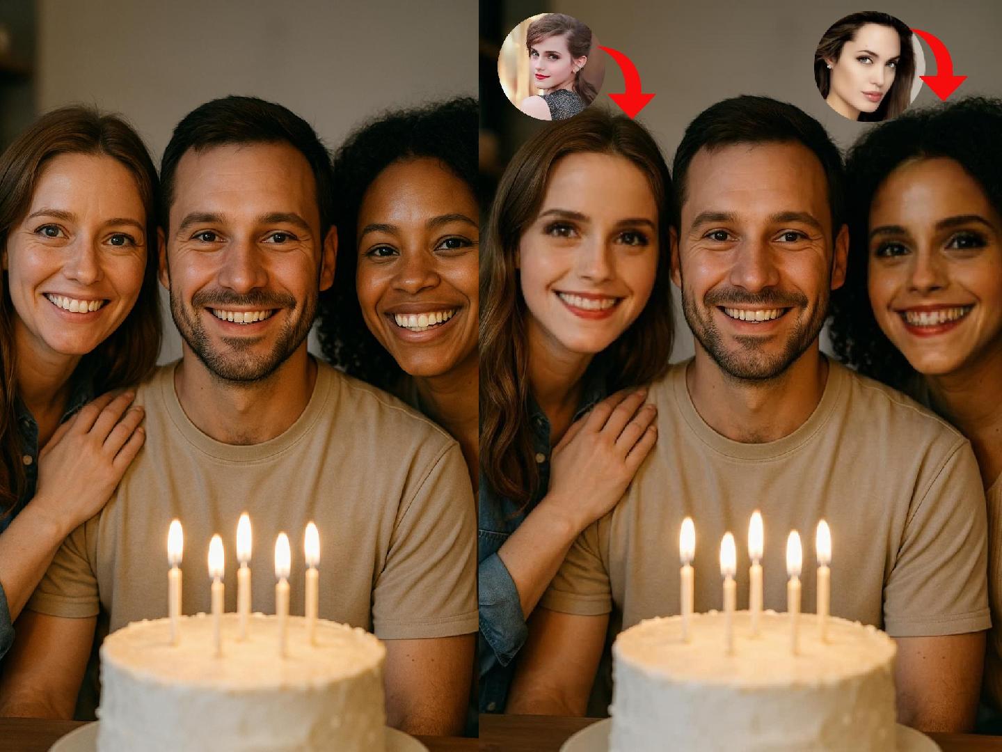 Friends group photo enhanced with AI face swap